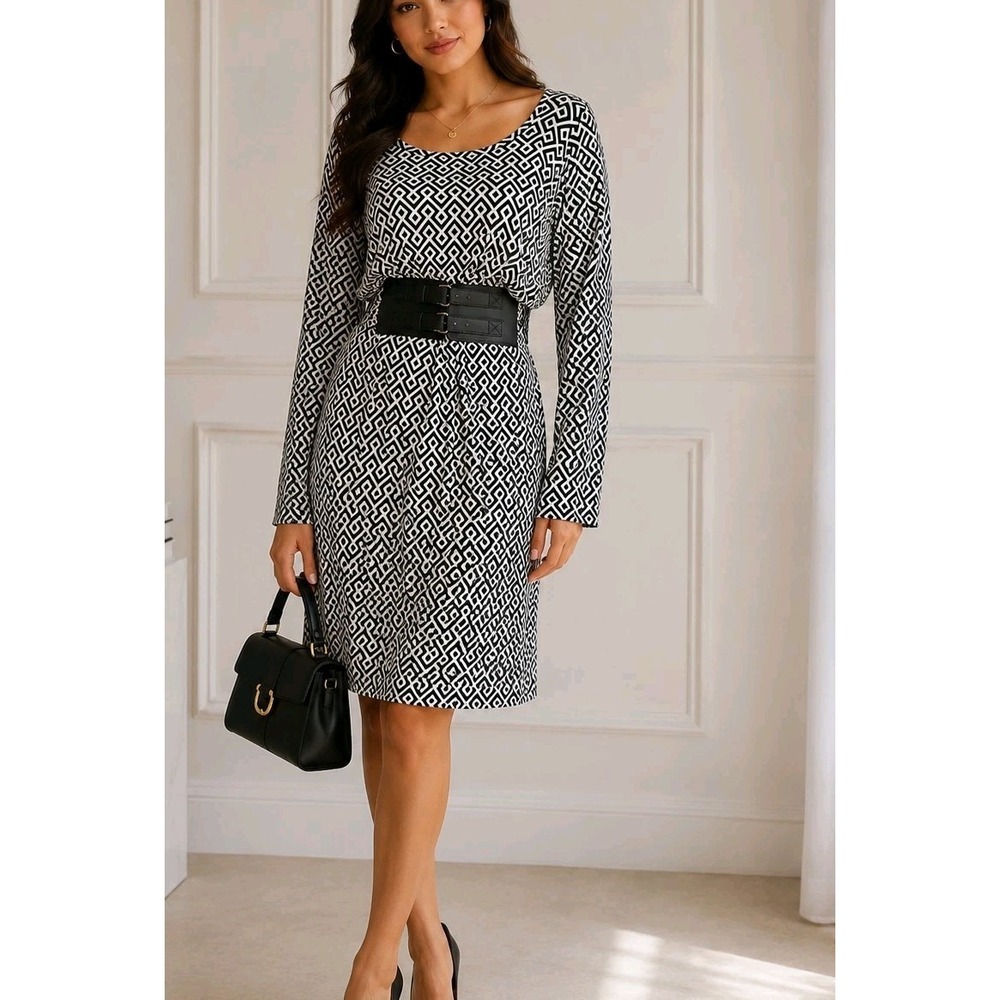 Michael Kors Belted Geometric Shift Dress Black White Long Sleeve Size S